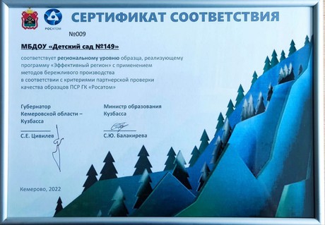 Сертификат соответствия регионального уровня образца о реализации программы «Эффективный регион» вручили Марине Анатольевне Скоробогатовой